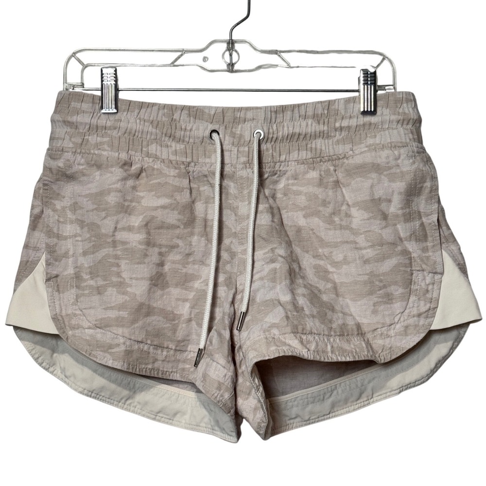 Athleta Cabo Tide Linen Shortie Shorts Beige Camo Womens 6 Drawstring 100% Linen